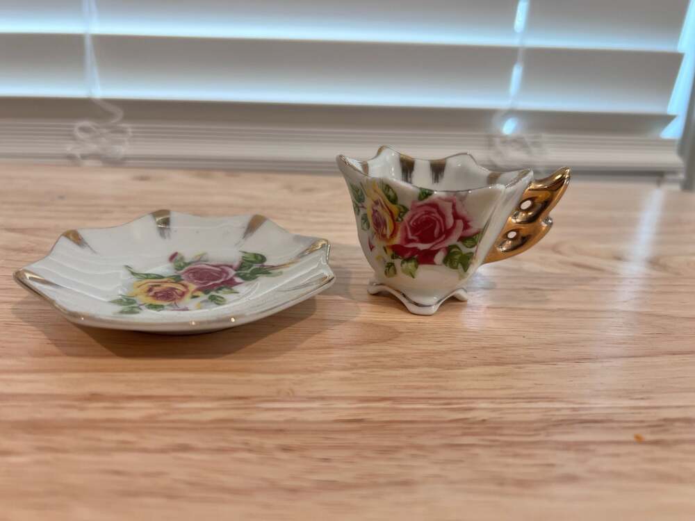 Vintage Enesco Miniature Floral Tea Cup and Saucer with Gold Trim